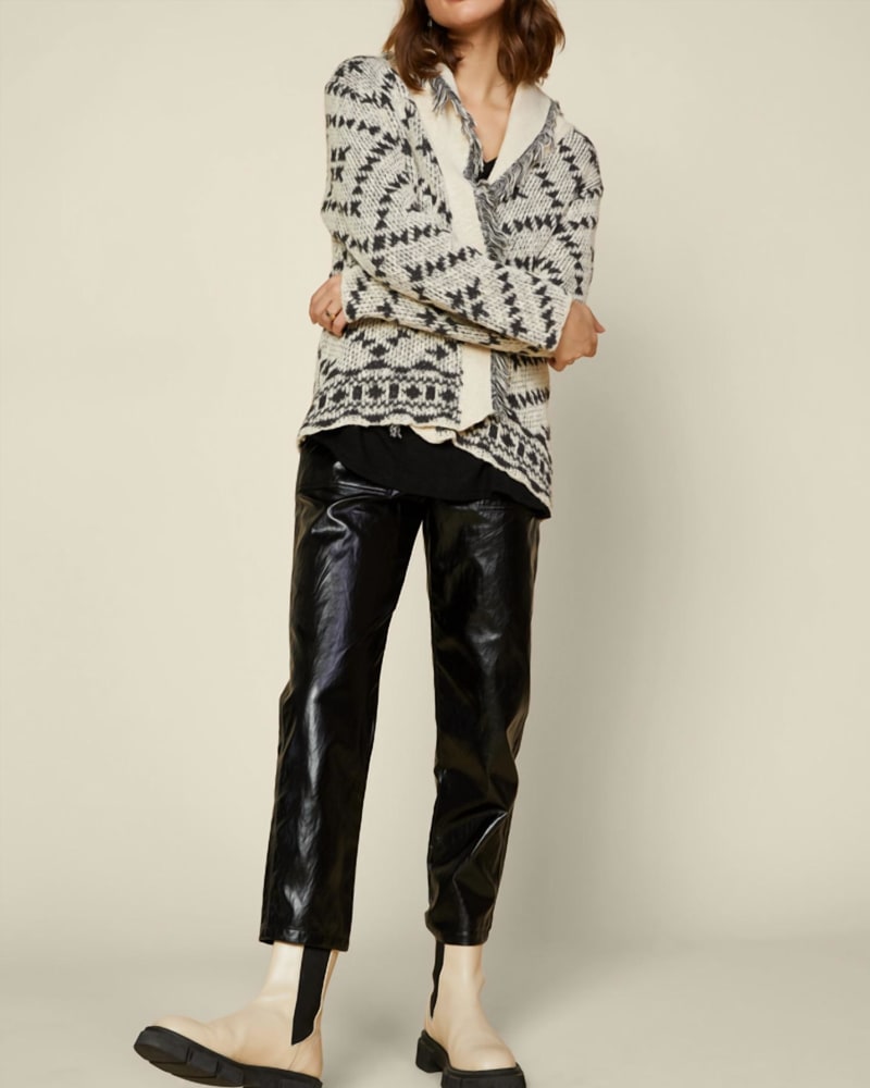 Front of a model wearing a size Large Carthage Open Knit Cardigan in Black/Ivory in Black/Ivory by Skies are Blue. | dia_product_style_image_id:325889